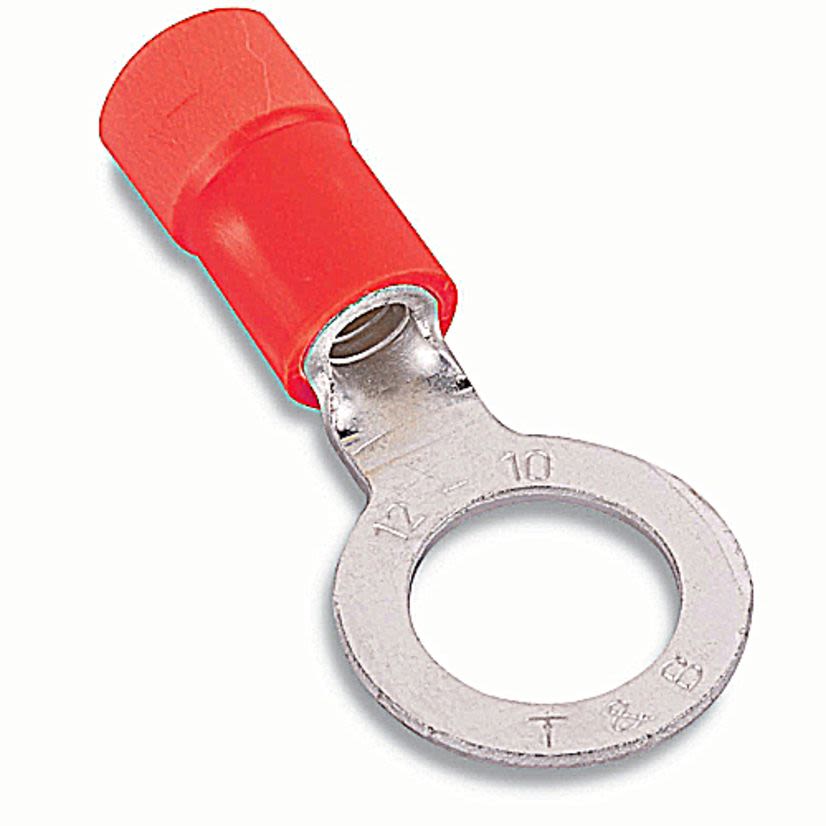 Sta-Kon 18RA-6X RA Series Expanded Insulated Ring Terminal, 22 to 16 AWG Conductor, 0.97 in L, Brazed Seam Barrel, Copper, Red